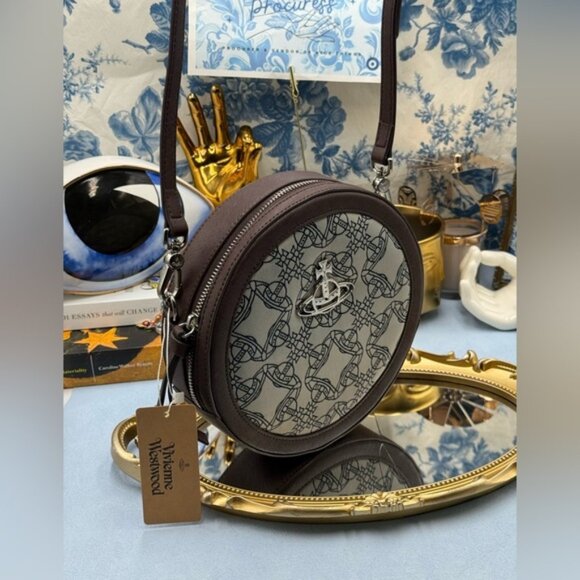 🆕 VIVIENNE WESTWOOD 🧿 NWT Debbie Round Crossbody Bag, Brown & Jacquard - AUTH - Picture 1 of 15